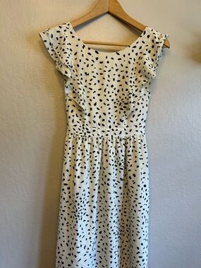 Cream Midi Dress with Black Spot Print and Flutter Sleeves